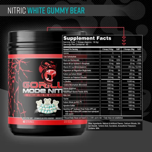 Miniatura 2 de Gorilla Mode Nitric - Preentrenamiento sin estimulantes mejorado, mejor sabor y más efectivo, sin estimulantes, antes del entrenamiento/bombas