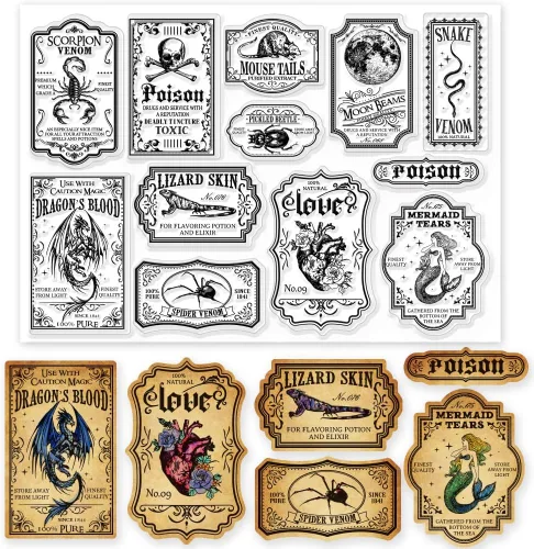 GLOBLELAND Etiqueta de poción de Halloween, sellos mágicos transparentes, etiquetas mágicas decorativas transparentes de silicona para hacer