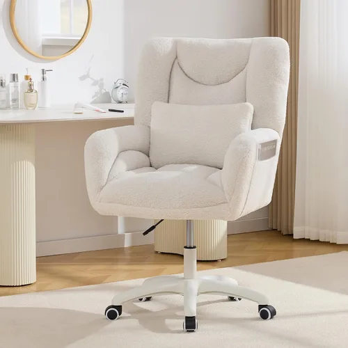 Miniatura 21 de FOXHUNTER Silla de tocador con respaldo ergonómico y ruedas, silla giratoria de 360°, silla de oficina en casa de altura ajustable para sala de Negro