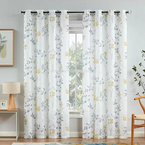 Miniatura 15 de Beauoop 2 paneles de cortinas semitraslúcidas de lino floral de 54 pulgadas de largo, para sala de estar o dormitorio, cortinas rústicas con textura