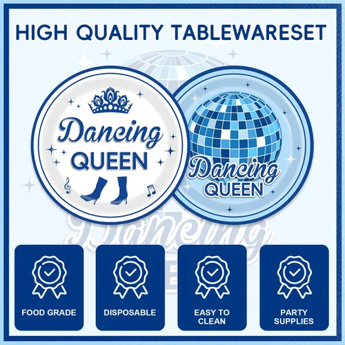 Miniatura 3 de Dancing Queen - Juego de 48 piezas de vajilla retro de los años 70, platos de discoteca y servilletas, tenedores, suministros para 16 bolas de Azul