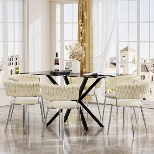 Miniatura 16 de Juego de mesa de comedor de cristal negro de 47 pulgadas para 4, juego de mesa de cocina minimalista moderno y 4 sillas de comedor de terciopelo