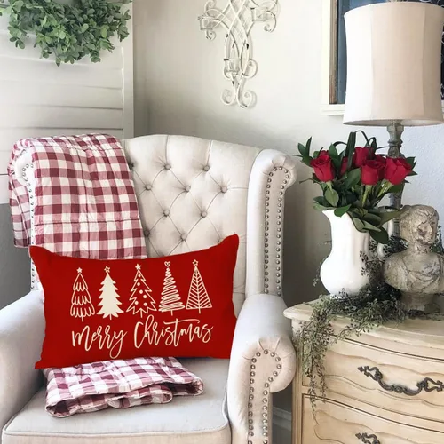 Miniatura 4 de RABUSOFA Fundas de almohada de Navidad de 12 x 20 pulgadas, almohadas decorativas de árbol de Navidad, fundas de cojín rojas de Navidad para Rojo