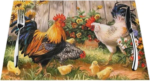 Miniatura 2 de Juego de 4 manteles individuales de gallo para gallina y pollos de PVC, antideslizantes, resistentes al calor, lavables, para el hogar, cocina