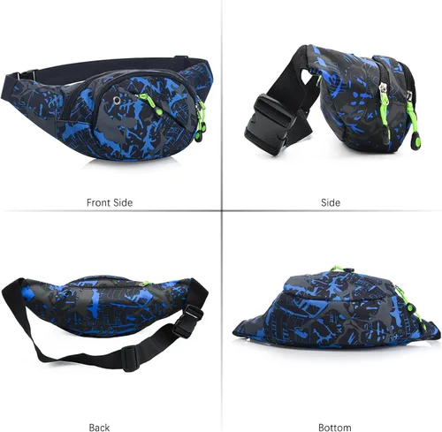 Miniatura 6 de Riñonera para hombres y mujeres, multifunción, resistente al agua, cinturón ajustable, para caminar y correr, Azul Patchwork, Clásico