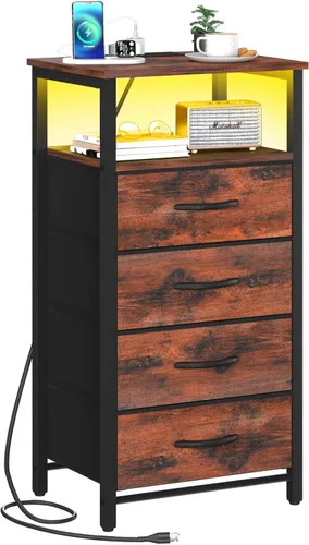 Miniatura 14 de Yoobure - Mesita de noche - Cómoda pequeña para dormitorio, mesita de noche LED negra con estación de carga, mesa de noche con 4 cajones de tela