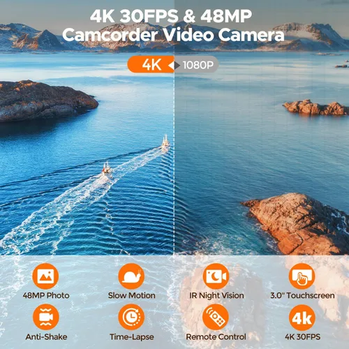 Miniatura 2 de Videocámara 4K de 48 MP, cable de cámara de visión nocturna IR, pantalla táctil de rotación de 270 ° de 3.0 pulgadas, cámara de vlogging con zoom