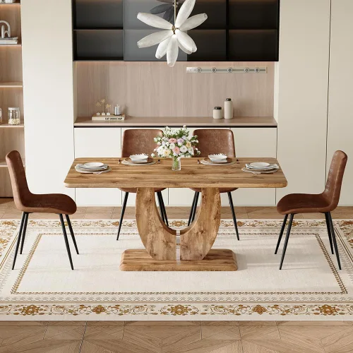 Miniatura 13 de Juego de mesa de comedor moderno para 4, mesa de cocina de madera de 63 pulgadas con 4 sillas tapizadas de gamuza de tela, estilo granja con parte