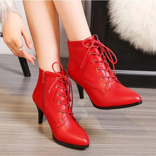 Miniatura 5 de MIOKE Botas de tobillo de tacón de aguja para mujer, botas puntiagudas con cordones y cremallera, botas cortas