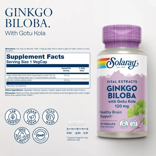 Miniatura 2 de SOLARAY One Daily Ginkgo Biloba Extracto de hoja Circulación sanguínea saludable, apoyo a la memoria y la función cerebral (60 cápsulas vegetales)