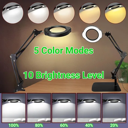 Miniatura 4 de Lupa 15X con luz y soporte, 5 modos de color, 10 niveles de brillo ajustable, lámpara de escritorio 2 en 1 con abrazadera, lupa de luz LED manos