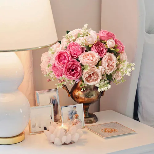 Miniatura 8 de Flores de seda de peonía artificial, ramo de peonía falsa rosa 4 paquetes Arreglos florales decoración para casa de campo estilo boho centro de mesa