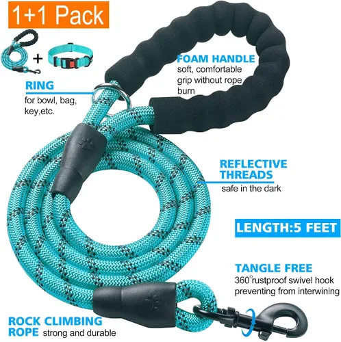 Miniatura 2 de Ladoogo Correa para perro resistente, mango acolchado cómodo, 5 pies de largo - Correas para perros pequeños, medianos y grandes