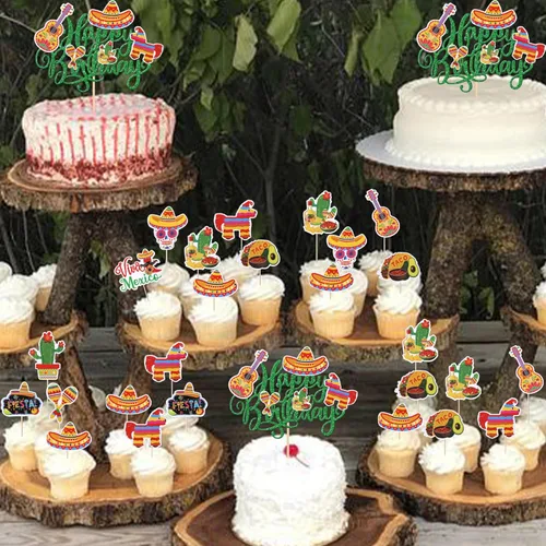 Miniatura 5 de Paquete de 41 decoraciones para tartas de cumpleaños con guitarra, cactus y burro, palillos de pimienta para fiesta mexicana, temática de baby