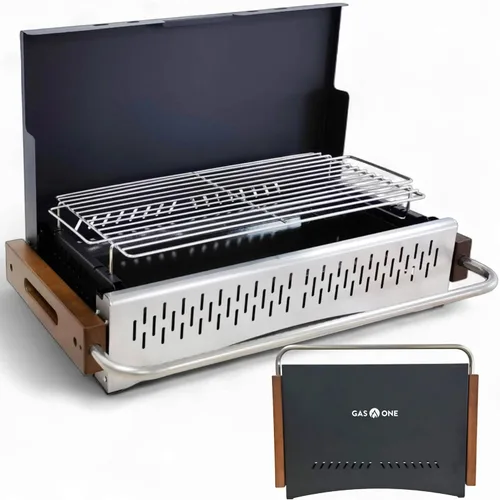 GasOne XL Parrilla de Carbón Portátil – Parrilla de Barbacoa Plegable de 24.5 x 18.5 pulgadas tipo Maletín con Tapa – Ahumador de Carbón Ligero y