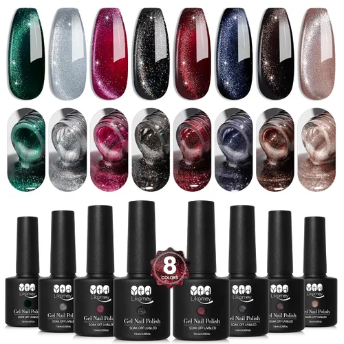 Miniatura 3 de YTD Likomey Juego de esmaltes de uñas de gel Cat Eye, 8 colores de verano con purpurina magnética de cristal con barra magnética, plateado, verde