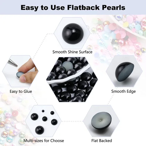 Miniatura 3 de 1300 PIEZAS 6mm Perlas con Parte Trasera Plana de Media Perla para Manualidades Joyería Álbum de Recortes Decoración de Uñas, Perlas con Parte Negro