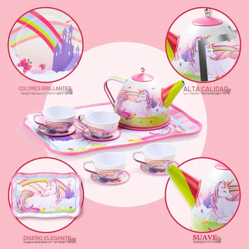 Miniatura 4 de JOYIN Juego de fiesta de té de unicornio para niñas pequeñas, juego de tetera de lata rosa, juguete de cocina con tetera, taza, plato, estuche