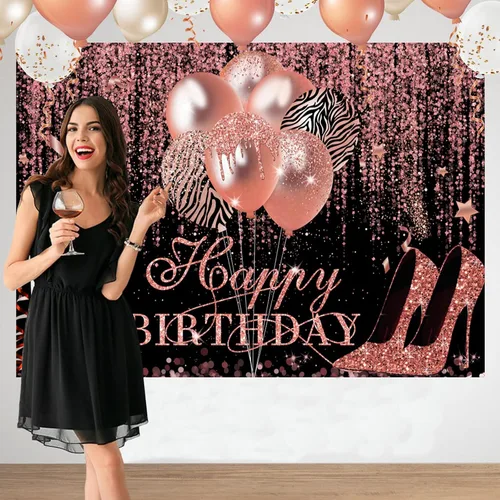 Miniatura 2 de Sensfun Telón de fondo de feliz cumpleaños con purpurina oro rosa y negro, decoración de cumpleaños, tacón champán, fondo de fotografía para mujeres