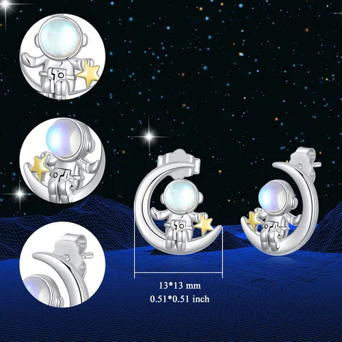 Miniatura 3 de SLIACETE Aretes de astronauta de plata de ley 925, aretes de astronauta y luna, bonitos aretes de estrella espacial, regalo de cumpleaños