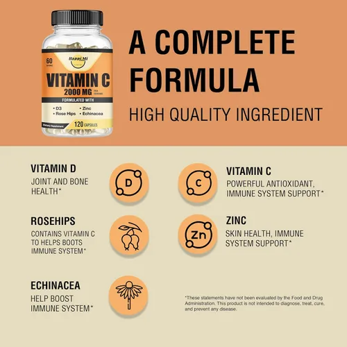 Miniatura 4 de Vitamina C 2000 mg por porción con zinc 40 mg y vitamina D3 5000 UI - Extracto de equinácea y rosa mosqueta - 120 cápsulas veganas, suministro
