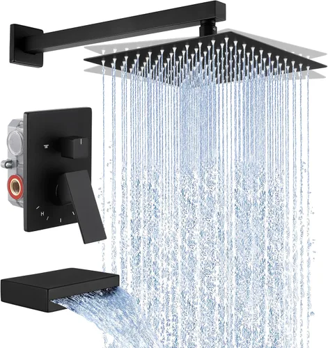 KES Juego de llave de bañera y ducha Sistema de ducha con cabezal de ducha de lluvia de 10 pulgadas y llave de cascada para bañera Montaje en pared