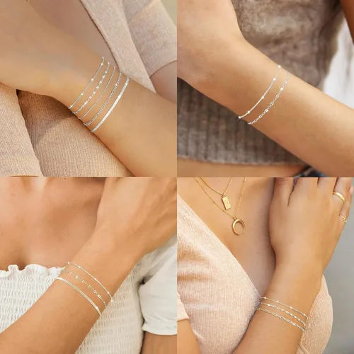 Miniatura 4 de MBW Pulseras de plata para mujer, delicadas pulseras de plata para mujer, juego de pulseras de plata de 14 quilates, impermeables, joyería
