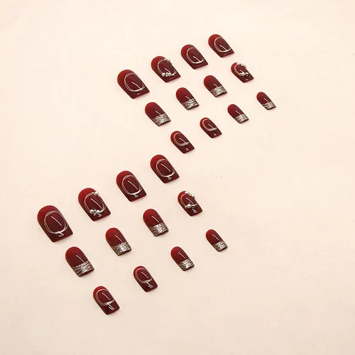 Miniatura 2 de Uñas postizas cuadradas de longitud media, uñas postizas acrílicas artificiales con diseños de diamantes de imitación de perlas rojas, juego de 24