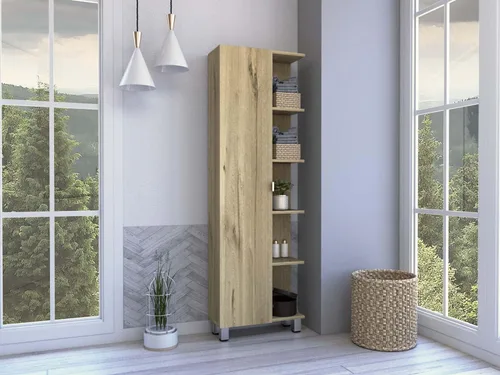 FM FURNITURE Los Angeles - Armario de lino con 5 estantes abiertos y 4 estantes interiores, roble claro