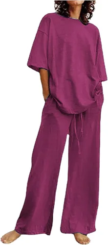 Miniatura 31 de Conjuntos de verano de 2 piezas para mujer, conjuntos elegantes y casuales de color liso, para verano, otoño, cuello redondo, tops y pantalones