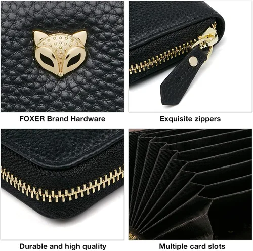 Miniatura 6 de FOXLOVER Mini tarjetero de crédito RFID para mujer, cartera pequeña de cuero para tarjetas, Negro, talla única , Moda