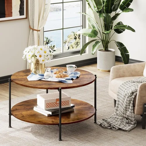 Miniatura 5 de WLIVE - Mesa de centro redonda, mesa de café pequeña de 32.6" con estante de almacenamiento, mesa de centro de madera de 2 niveles para sala