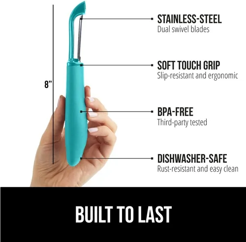Miniatura 2 de GORILLA GRIP Pelador de verduras patentado de acero inoxidable afilado sin BPA, doble giratorio, mango suave y cómodo, pele suavemente manzanas