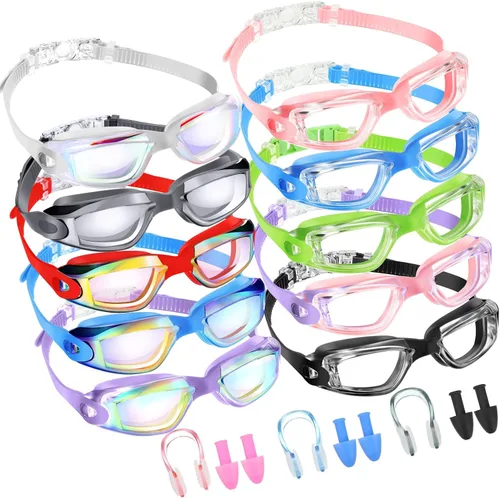 Konohan Paquete de 10 gafas de natación a granel para niños y adultos, gafas de piscina antivaho de silicona sin fugas, gafas de natación para