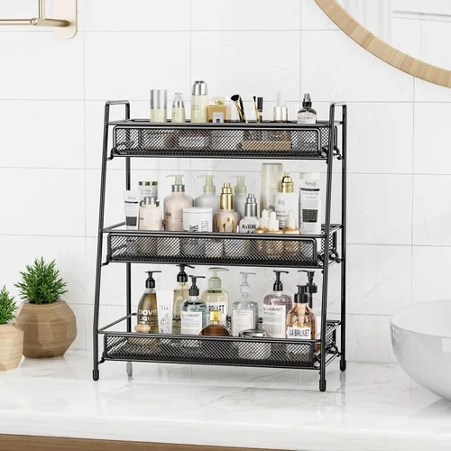 Miniatura 2 de EKNITEY Organizador de encimera de baño - Estante de especias de 3 niveles, estante de maquillaje de metal, pequeño organizador de perfume para Negro