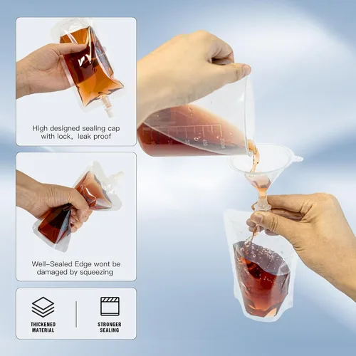 Miniatura 3 de 100 bolsas de bebida de 8 onzas, botella de plástico reutilizable con embudo para beber jugo de bebidas líquidas, bolsas de bebidas de pie para 8OZ