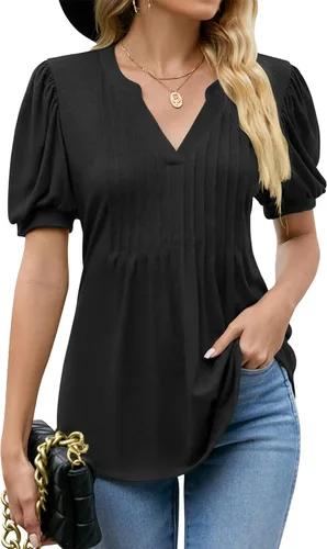 LOMON Camisas para mujer, de manga corta, plisadas, a la moda, casual, cuello en V, blusa tipo túnica fruncida