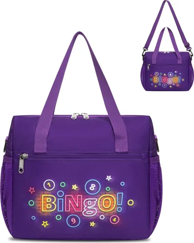 Miniatura 10 de Bolsa de bingo para Daubers Dabbers Dobbers Dotters resistente al agua, bolsa de accesorios de bingo con bolsillos para adultos mayores (negro)