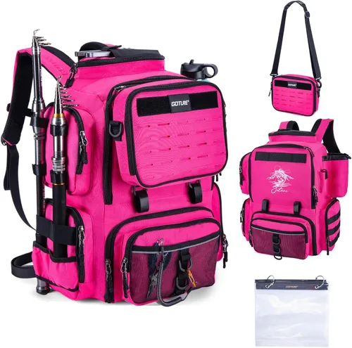 Mochila de pesca Goture, mochila de equipo de pesca resistente al agua de 900D con soportes para cañas, bolsa de equipo de pesca de gran Rosa