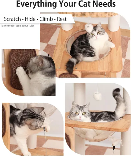Miniatura 5 de Árbol de madera para gatos grandes, torre moderna para gatos con estantes anchos, postes rascadores de algodón, base súper resistente, perchas