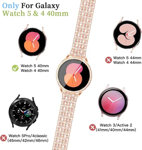Miniatura 3 de Correa de diamantes compatible con Samsung Galaxy Watch 4 y 5, correa de 1.575 pulgadas con protector de pantalla, 0.787 pulgadas de liberación Oro