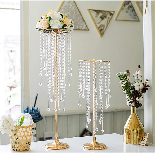 Miniatura 7 de Centros de mesa de boda dorados de 21.6 pulgadas para mesa, 2 jarrones altos, centros de mesa de boda con cuentas de cristal brillantes, soporte