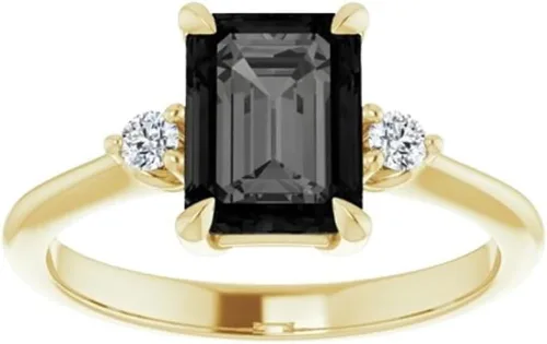 Love Band - Anillo de ónix negro con tres piedras de corte esmeralda de 2.00 quilates, oro amarillo de 14 quilates, anillo de compromiso minimalista