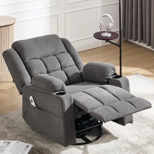 Miniatura 7 de Ketaiyou Silla reclinable giratoria para adultos con masaje y calor, portavasos y bolsillos laterales, sillón reclinable para sala de estar (gris DK)