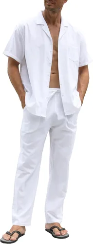 RPOVIG Conjunto de camisa de lino y pantalones conjuntos de lino de 2 piezas para hombre, camisas de manga corta, pantalones de yoga, trajes de