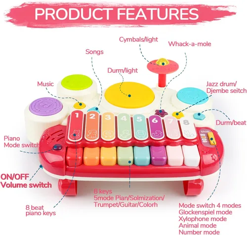 Miniatura 3 de AugToy 3 en 1 juguetes musicales para niños pequeños de 1 a 3 años, juego de piano, xilófono y tambor, juguetes para niñas de 1, 2 y 3 años de edad