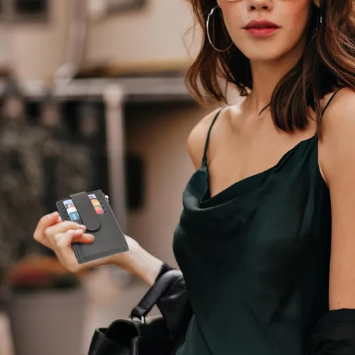 Miniatura 7 de Chelmon Billetera delgada para mujer, con bloqueo RFID, plegable, con bolsillo con cremallera, Gris oscuro con llavero, Minimalista