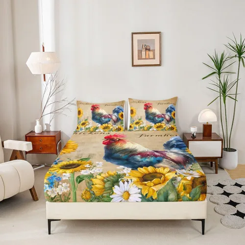 Miniatura 4 de Bonita sábana bajera ajustable para niños, tamaño individual, juego de ropa de cama rústica de pollo, decoración de dormitorio para niños y adultos