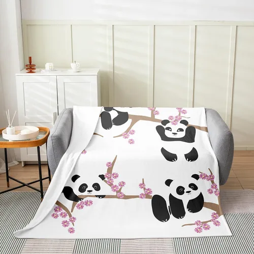 Miniatura 2 de Manta de panda de dibujos animados para niños y niñas, manta de forro polar con diseño de flor de cerezo rosa, manta de franela Kawaii dibujada a