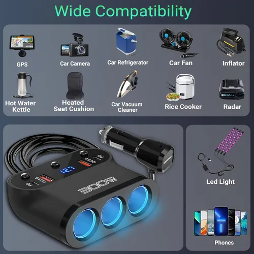 Miniatura 6 de Adaptador de encendedor de cigarrillos 7 en 1: Ouffun 300 W 3 sockets extensiones de cargador de coche divisor de 12 V con doble PD USB C 30W